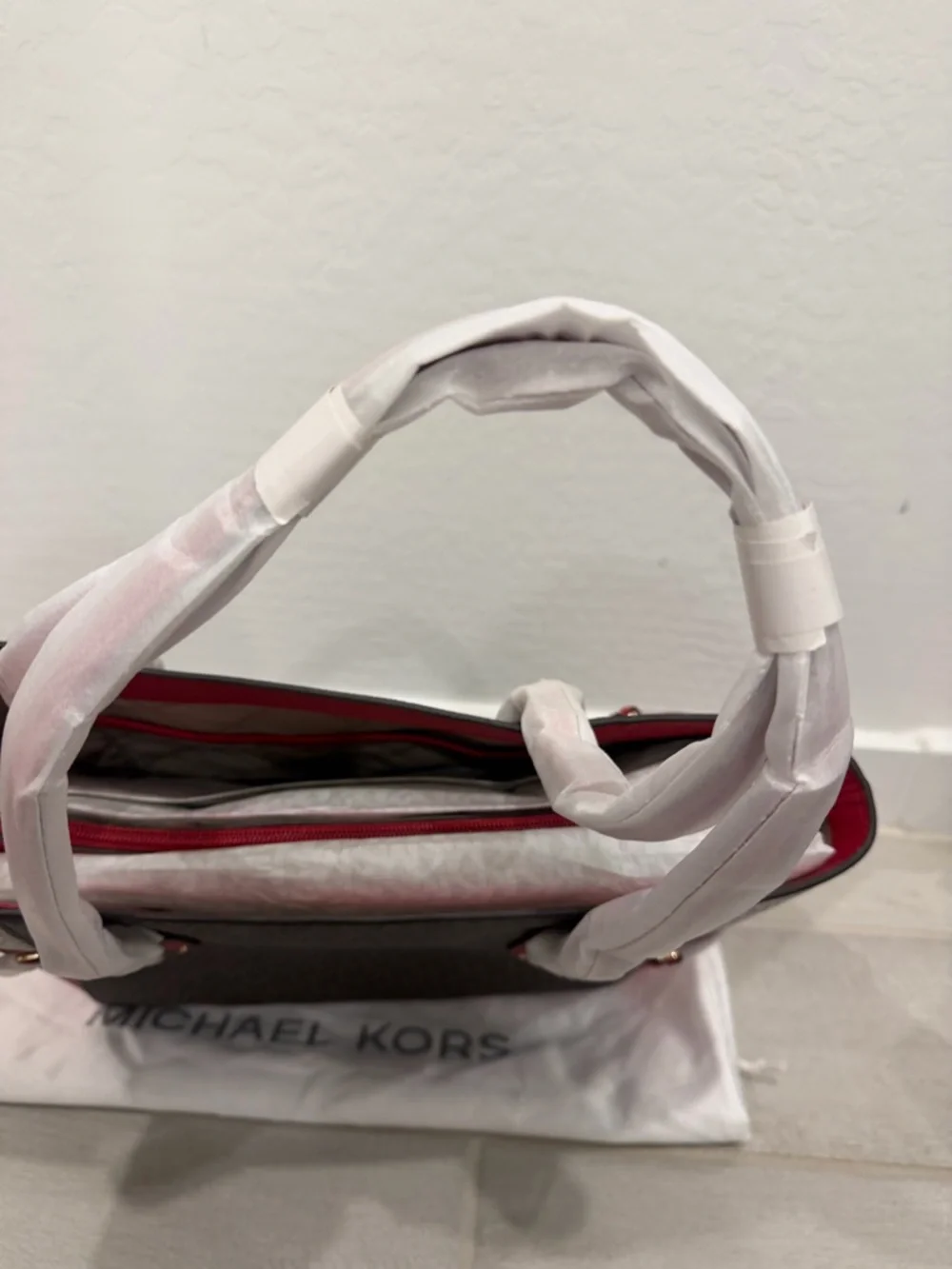 Michael Kors Signature Tote in Brown, Beige and Red Trim - Picture 3 of 6
